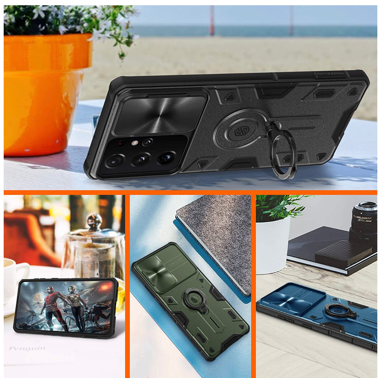 Samsung Galaxy S21 Ultra - Military Grade Case with 360° Kickstand Ring Stand and Slide Camera Cover, PC & TPU Impact-Resistant Bumpers CamShield Armor Case,
