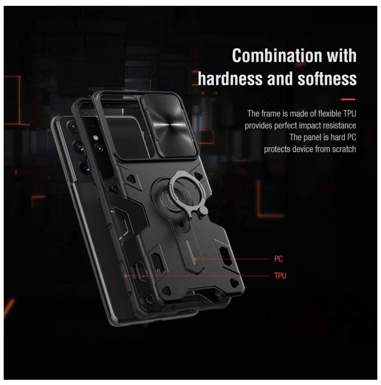 Samsung Galaxy S21 Ultra - Military Grade Case with 360° Kickstand Ring Stand and Slide Camera Cover, PC & TPU Impact-Resistant Bumpers CamShield Armor Case,