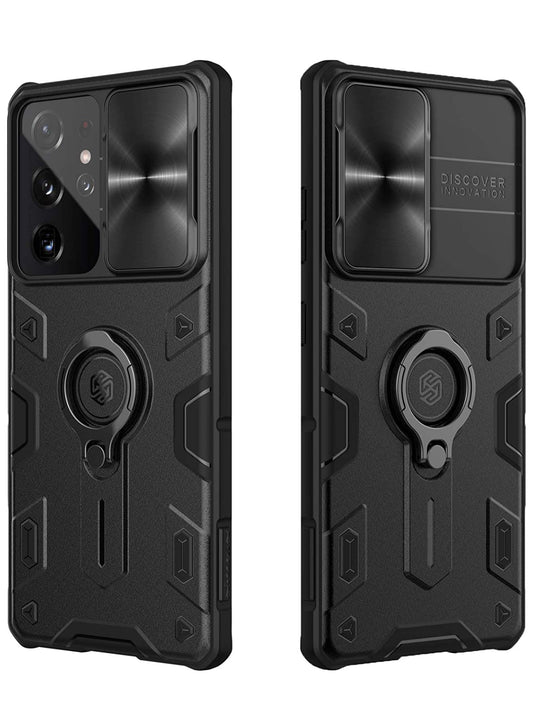 Samsung Galaxy S21 Ultra - Military Grade Case with 360° Kickstand Ring Stand and Slide Camera Cover, PC & TPU Impact-Resistant Bumpers CamShield Armor Case,