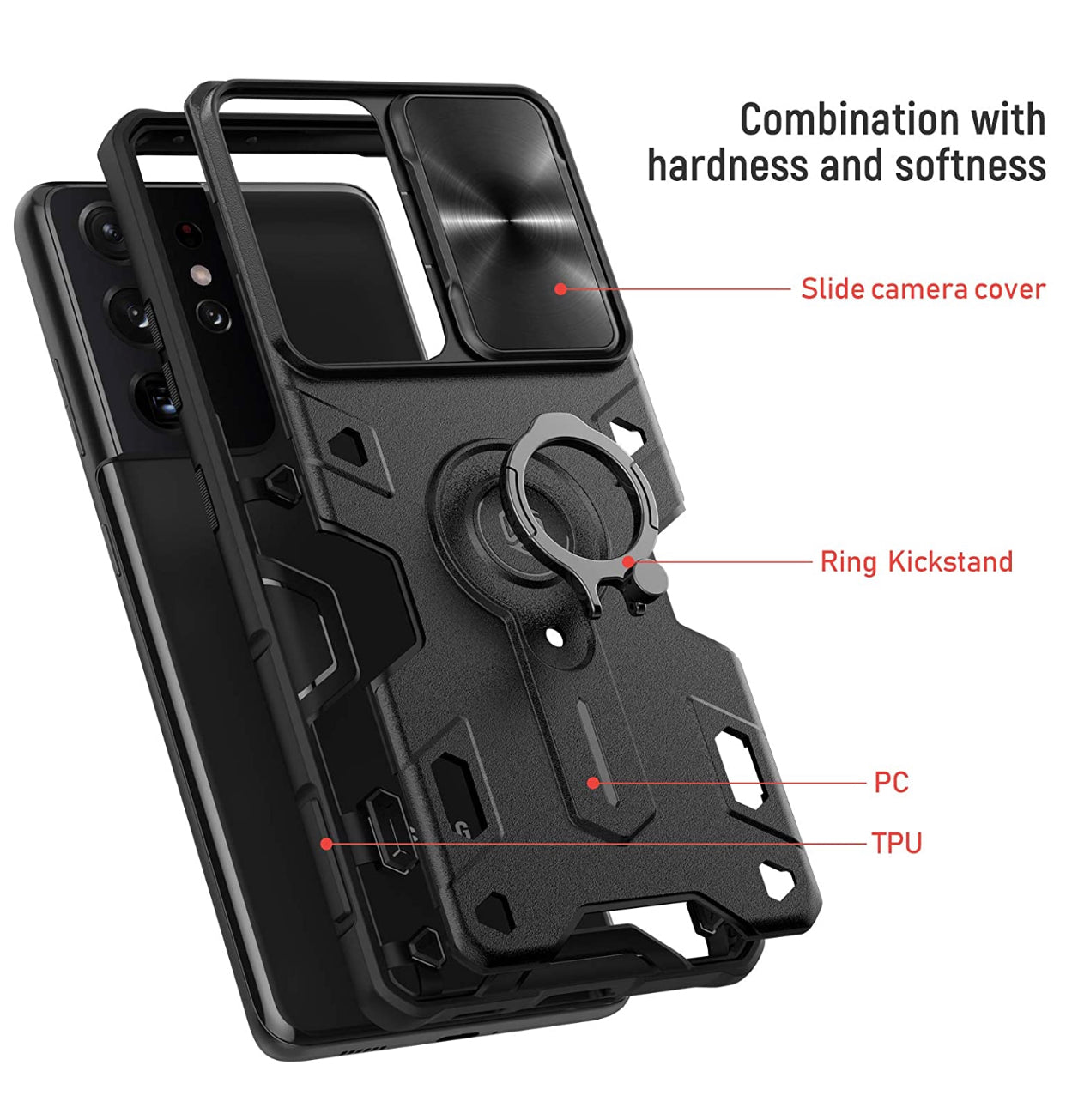 Samsung Galaxy S21 Ultra - Military Grade Case with 360° Kickstand Ring Stand and Slide Camera Cover, PC & TPU Impact-Resistant Bumpers CamShield Armor Case,