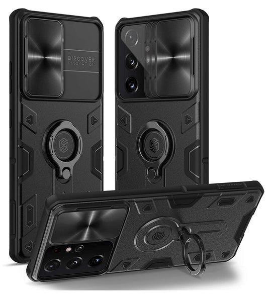 Samsung Galaxy S21 Ultra - Military Grade Case with 360° Kickstand Ring Stand and Slide Camera Cover, PC & TPU Impact-Resistant Bumpers CamShield Armor Case,